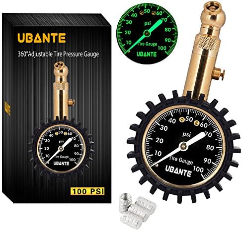 UBANTE Tire Pressure Gauge With Integrated Hold Valve- Heavy Duty - Reliable and Accurate Air Pressure Gauge for Car, SUV, Motorcycle, RV, ATV and Truck Tires 100 PSI - 4 Free Valve Caps