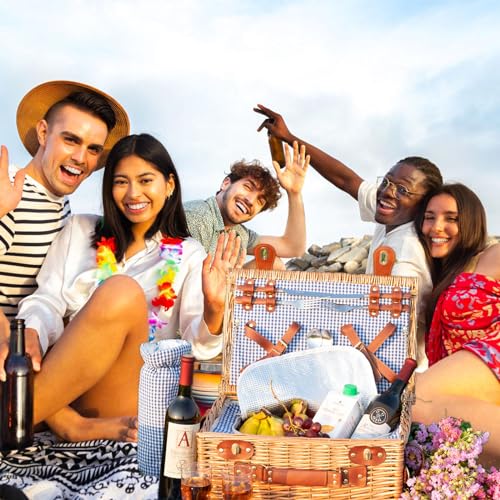 DHAEE 4 Person Wicker Picnic Basket Set with Cooler Compartment and Waterproof Picnic Blanket, Removable Strap, Hiking, BBQ and Gifts for Family/Couples