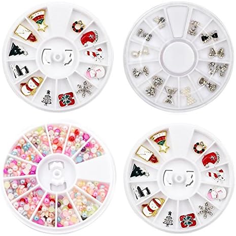 QIMYAR 3D Nail Art Snowflakes Christmas Glitter Jewelry Dress DIY Charms Pearl Decorations Metal Butterfly Nail Tips Wheel 4Pcs