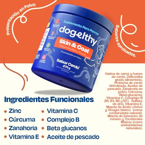 Dogelthy Skin & Coat. Suplemento para Piel y Pelaje para Perro Hecho a Base de Aceite de Pescado, Vitamina C/E, Complejo B, Zinc y más. Complemento para Croquetas o Dieta Barf Sabor Cerdo 270g