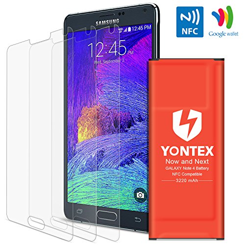 Note 4 Battery [NFC/Google Wallet Capable] , YONTEX 3220mAh Replacement Battery for Samsung Galaxy Note 4[ N910 , N910U LTE , N910A , N910V , N910P,N910T ] with 3 Pack Screen Protector