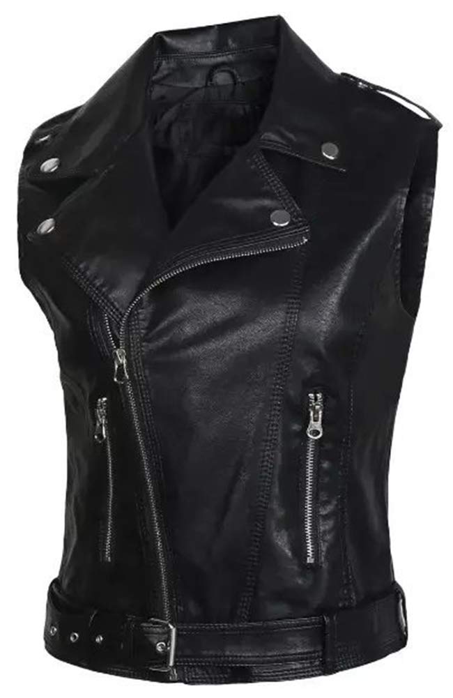 KederaWomens Motorcycle Biker Faux Leather Sleeveless Vest Jacket Slant Zip with Pockets
