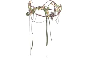 CRAFTYMELODY 1Pcs Medieval Elf Headpiece Dark Green Woodland Fairy Crown with Tassel Floral Elven Circlet Dark Leaf Tiara