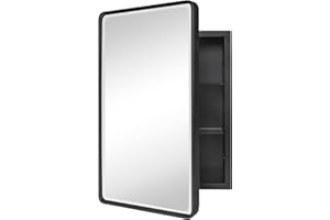 TEHOME Farmhouse Black Metal Framed Recessed Bathroom Medicine Cabinet with Beveled Mirror Rounded Rectangle Bathroom Medicine Cabinet, 16x24 inch Mirror with 13.36x17.89 inch Cabinet