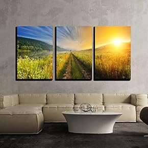 3 Piece Canvas Wall Art - Fantastic Foggy River with Fresh Green Grass in The Sunlight. Dramatic Colorful Scenery - Modern Home Art Stretched and Framed Ready to Hang - 16"x24"x3 Panels
