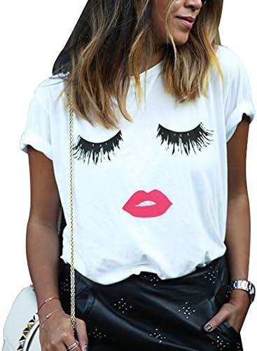 Fashion Womens Summer Casual Tops 3D Print Eyelash Mouth T-Shirt