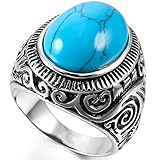 INBLUE Men's Stainless Steel Ring Simulated Turquoise Silver Tone Blue