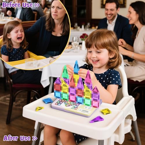 MEIQ 42-Piece Mini Magnetic Tiles Travel Set with Metal Storage Box - Portable STEM Building Blocks for Kids Ages 3-8, Montessori Educational Toys for Airplane & Car Rides, Gift for Boys & Girls
