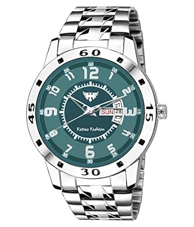 Fadiso Fashion Bare Basic Drops Brown Dial Day and Date Functioning Mens Watch (Silver, FF02042SeagreenChain)