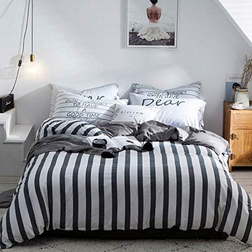 TheFit Paisley Bedding Home for Adult W1874 White Long Striped Duvet Cover Set Cotton, Twin Queen King Set, 3-4 Pieces (Queen)