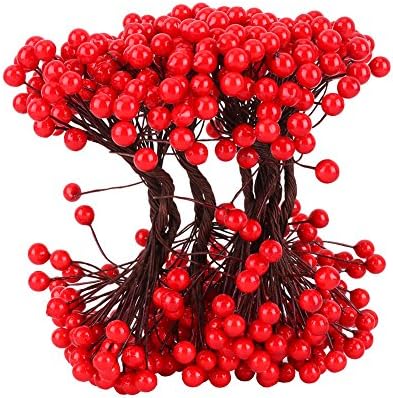 Youbedo Red Artificial Christmas Berries Stamens Decor 250 Stems With 500 Pieces 8 mm Fake Berries For DIY Garland Christmas Tree Wedding And Holiday Ornament Decorations