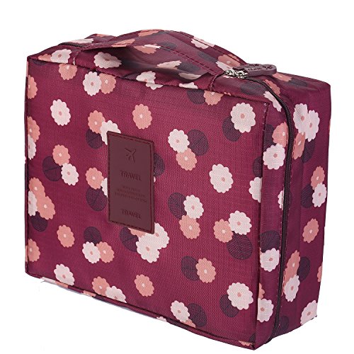 WNOSH Multifunction Toiletry Cosmetic Bag Make up Kit Case Pouch Hanging Shaving Hook Travel Vacation Bathroom Organizer Carry On(Wine Red Daisy)