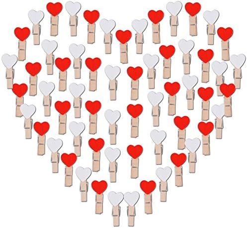 100pcs Wooden Heart Pegs Mini Wooden Clothespins Photo Clips Cloth Paper Art Craft DIY Clip (Red & White)