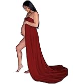 YnimioAOX Women's Off Shoulder Strapless Sweetheart Maternity Dress for Photography Split Front Chiffon Gown for Photoshoot