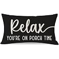 TAJWE Set di 2 federe impermeabili per cuscini da esterno, 30 x 50 cm, con scritta Welcome to Our Porch Stay Awhere, per mobili da patio, divano, decorazione nera