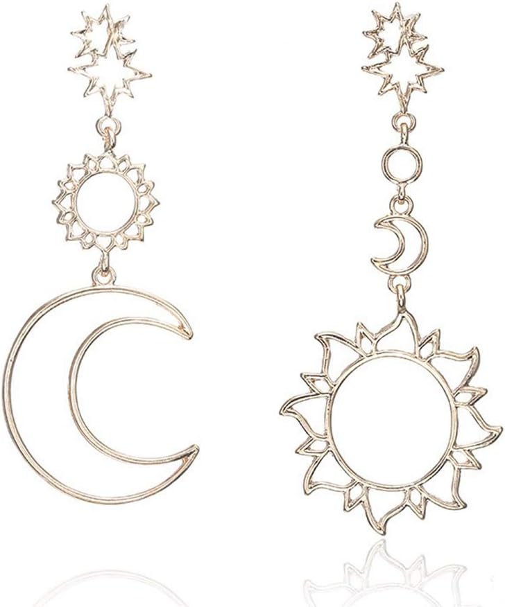Boho Earrings for Women Star Sun Moon Asymmetrical Design Dangle Earring Hollow Fashion Jewelry (Gold)