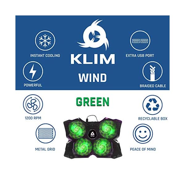 KLIM-Wind-Laptop-Cooling-Pad-The-Most-Powerful-Rapid-Action-Cooling-Fan-Laptop-Stand-with-4-Cooling-Fans-at-1200-RPM-USB-Fan-Compatible-New-2021-Version-Green KLIM Wind Laptop Cooling Pad - More than 500 000 units sold - NEW 2023 - The Most Powerful Rapid Action Cooling Fan…