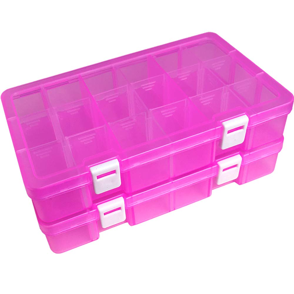 Qualsen Clear Organiser Storage Box, Small Storage Box with Lid, Fishing Tackle Boxs Stackable Plastic Container with Adjustable Dividers for Beads, Crafts, Art DIY, Jewelry (18 Grids, Pink x 2)