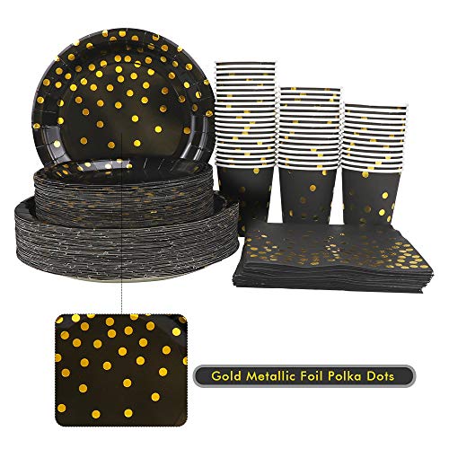 Black and Gold Party Supplies - 200PCS Disposable Black Paper Plates Dinnerware Set Gold Dots 50 Dinner Plates 50 Dessert Plates 50 9oz Cups 50 Napkins Wedding Birthday Party Baby Shower Christmas