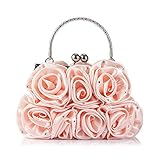 Emour Women Satin Rose Rhinestone Pure Color Handbag Evening Bags Wedding Handbags Carved Handle (Pink)