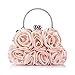 Emour Women Satin Rose Rhinestone Pure Color Handbag Evening Bags Wedding Handbags Carved Handle (Pink)