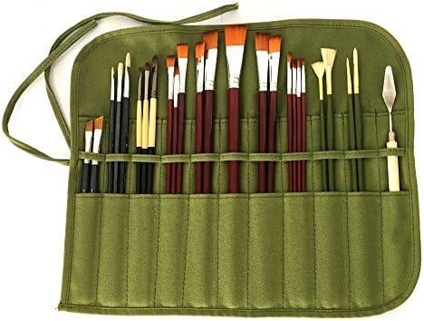25 Pcs Paint Brushes For Oil Acrylic Watercolor Gouache Painting , Artist's Premium Paint Brush Set with Canvas Bag (Army Green)