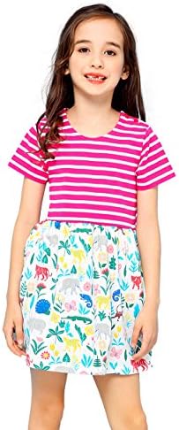 Edenpure Girl's Cute Casual Cotton Cartoon Printed Short Sleeve Summer Playwear Dress (Zoo,5)