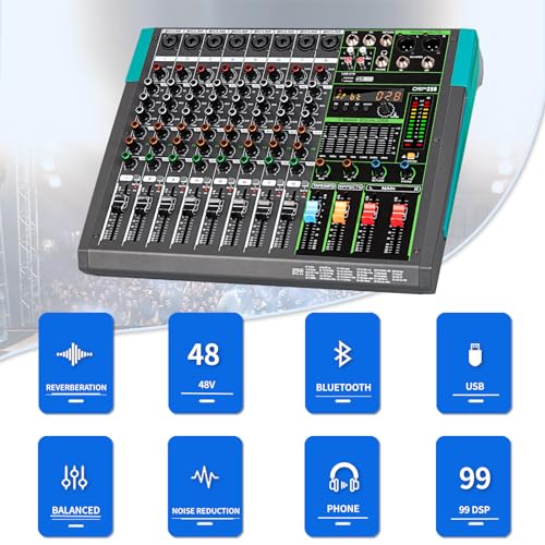 Depusheng PA8 Professional Audio Mixer Sound Card Console System Desk Interface 8 USB Bluetooth MP3 Input Computer Power Supply Phantom 48 V Reverb Effect 256 Integrated Black