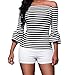 MAYFASEY Women's Off Shoulder Flared Sleeve Black Stripe T Shirt Top Blouse