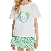 Girls Shirts,White Cat & Green Heart & Sequin Embellished Graphic Tee - Cute Casual Top with Glitter Details 6-16Y