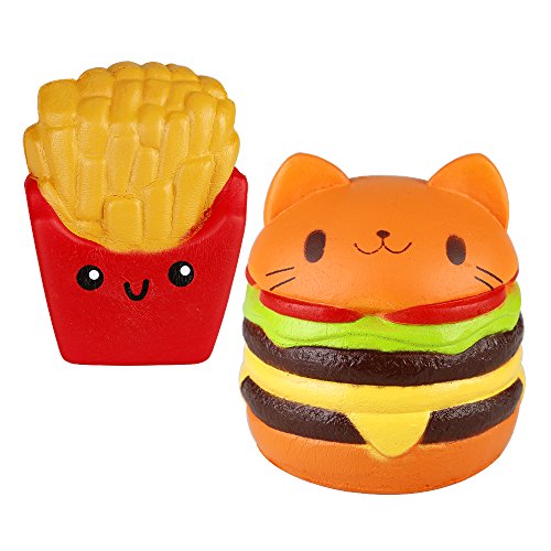 OPount 2 Pieces 4 Inch Kawaii Cat Hamburger Bread Squishies and Fries Squishy Slow Rising Toy