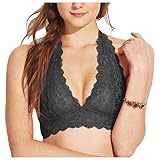 Floral Lace Halter Bra Bralette Bamboo Cotton Sweat Fiber Lining Cute Bustier,Black,Large