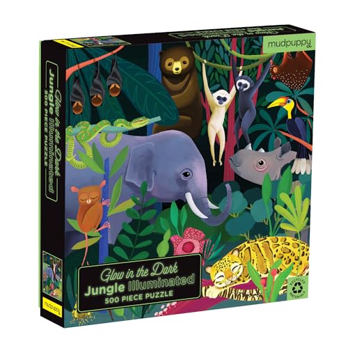 Mudpuppy Jungle Illuminated 500 Piece Glow in the Dark Jigsaw Puzzle for Kids and Families, Family Puzzle with Glow in the Dark Jungle Theme