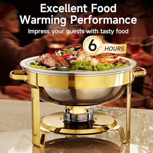 Chafing Dishes for Buffet, 4 Pack 5QT Round Stainless Steel Chafing Dish Set for Home Parties, Christmas Gatherings, Catering Events Complete Buffet Warmer Set (Golden, 4PACK)