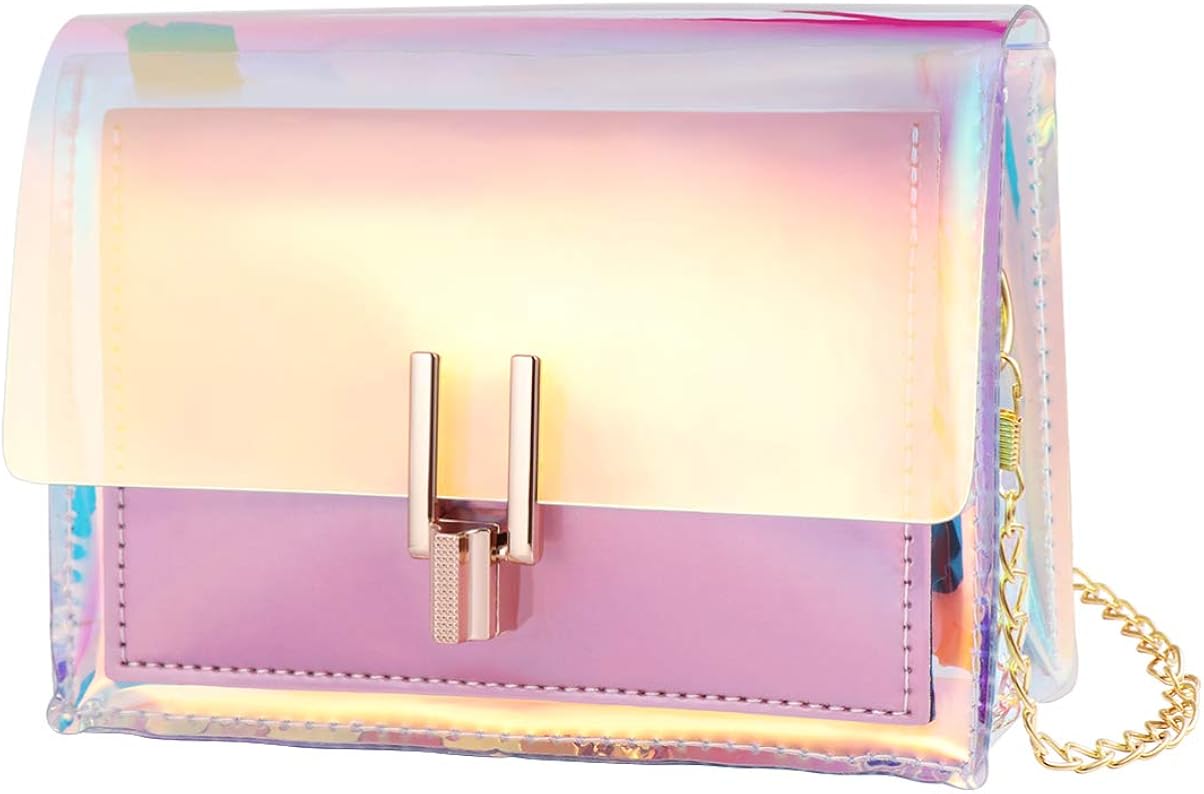 TENDYCOCO Crossbody Bag Holographic Chain Clutch Handbag Mini Clear Messenger Bag for Girls Ladies Women