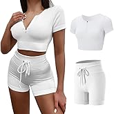 CORPOAMOR Women’s Seamless Workout Set 2 Piece – Ribbed Zip-Up Crop Top & High Waisted Biker Shorts, Tummy Control Activewear