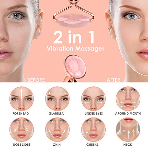 Jade Roller Facial Massager Set, OYRGCIK Vibrating Face Roller & Massager Under Eye Press for Face, Eyes and Neck, Natural Rose Quartz Beauty Facial Skin Care Tools Kit w/Bag Reduce Wrinkles Aging - Thumbnail 3