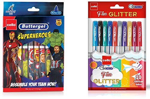 Cello Buttergel Superheros Gel Pen(Pack Of 10 Pens – Blue)| Waterproof Dark Ink | Latest Avenger S & Cello Geltech Fun Glitter Gel Pen(Pack Of 10 Pens In Multicolour Ink)| Glitter Gel Pens For Art Lo Cello Buttergel Superheros Gel Pen(Pack Of 10 Pens – Blue)| Waterproof Dark Ink | Latest Avenger S & Cello Geltech Fun Glitter Gel Pen(Pack Of 10 Pens In Multicolour Ink)| Glitter Gel Pens For Art Lo