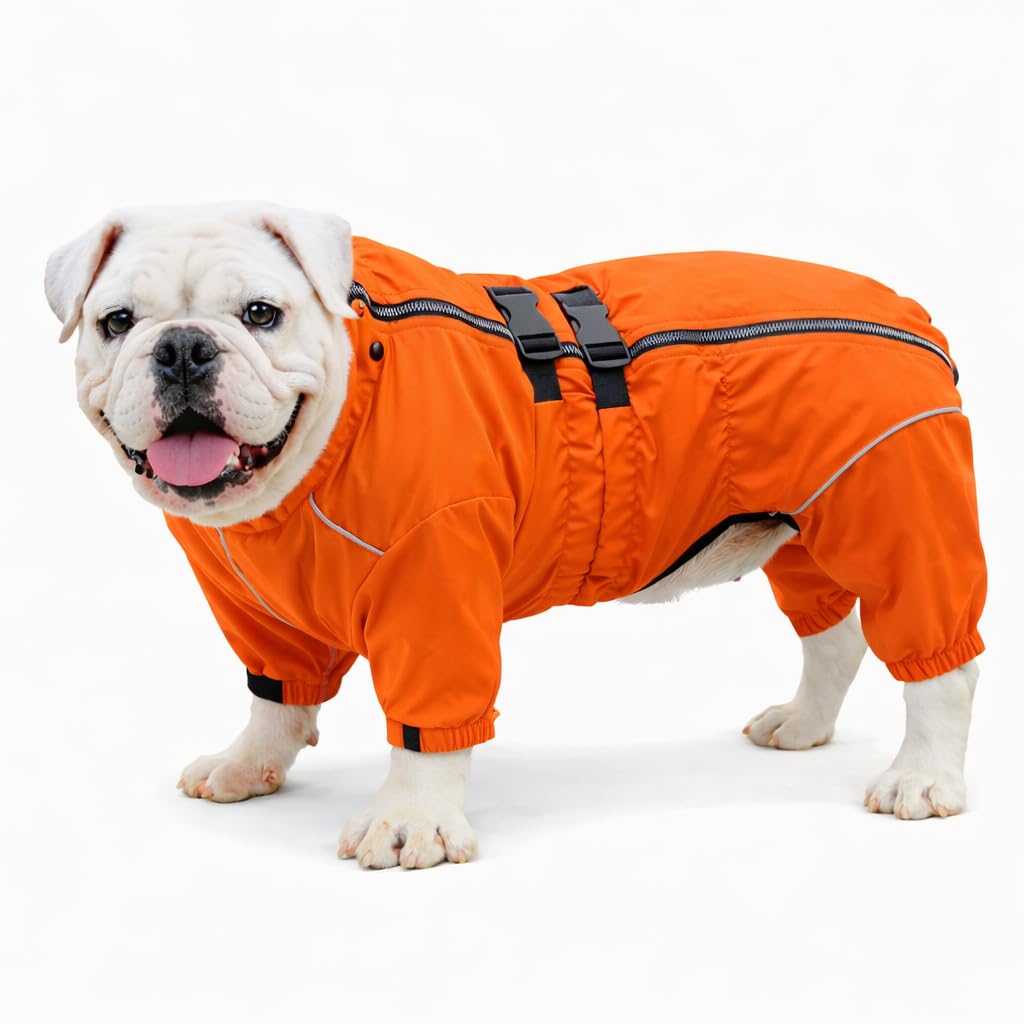 Dogs Waterproof Jacket, Lightweight Waterproof Jacket Reflective Safety Dog Raincoat Windproof Snow-proof Dog Vest for Pugs English French Bulldog American Pit Bull Orange B-M