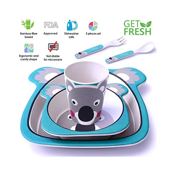 GET-FRESH-Kids-Bamboo-Dinner-Set--5-Piece-Bamboo-Childrens-Dinner-Set-with-Bamboo-Kids-Plate-Bowl-Cup-Spoon-and-Fork--Cute-Koala-Bamboo-Kids-Dinnerware-Set-with-5-Bamboo-Fibre-Baby-Tableware-Dishes GET FRESH Kids Bamboo Dinner Set – 5 Piece Bamboo Childrens Dinner Set with Bamboo Kids Plate Bowl Cup Spoon and Fork – Cute Koala Bamboo Kids Dinnerware Set with 5 Bamboo Fibre Baby Tableware Dishes