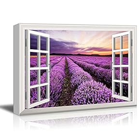 Print Window Frame Style Beautiful Scenery Landscape Purple Lavender Field at Sunset Time Gallery Stretched - Canvas Art Wall Art - 24" x 36"