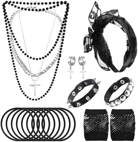Set De Accesorios De Los 80 Para Mujer – Collar, Pendientes, Guantes De Rejilla, Calentadores Y Pulseras De Neón – Fiesta Retro