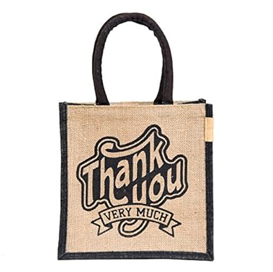 H&B Jute Bag - Gift Bag | Jute Lunch Bag | Jute bag for Lunch | Tote bag | Tiffin Bag | Jute lunch bag for office | Jute bag for Tiffin | jute bags with zip | Totes (Print: Thanks, Size: 10x10x6 Inch)