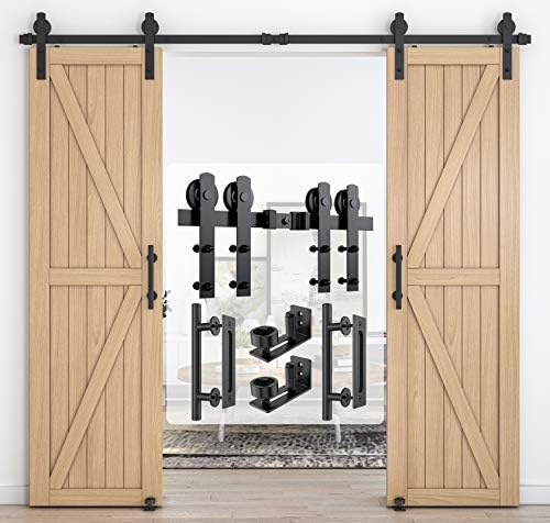 Homlux 頑丈なスライド式納屋ドア金具キット 厚さ1 3 8 1 4インチのドアにフィット ブラック I型ハンガー 8フィート全体セット 12インチ の円形ハンドル フロアガイド