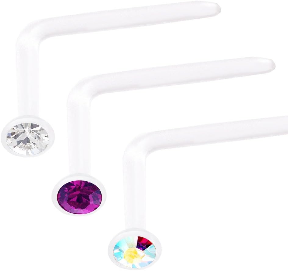 bodyjewelrytrend Nose Piercing Jewelry Rings Flesh 20g l Shaped Pierced Nostril Studs bioflex Flexible with Crystal - Pack of 3