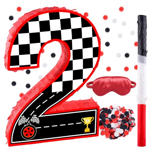 16 Inch Number 2 Race Car Pinata with 16 Inch Piñata Stick Blindfold Confetti for Boy Girl Kids 2nd Birthday Party Decorations(2nd)
