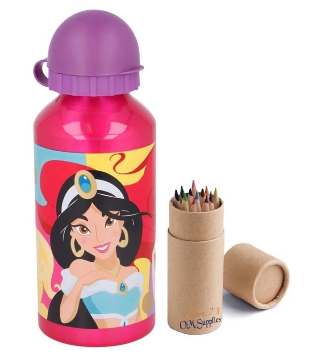 OM SUPPLIES Princess Bright & Bold Characters Aluminium Sports Bottle 400ml - Holiday, Back to School Water Drinking Kids Lunch Children Includes Half Size 12pcs Pencil (Princess)