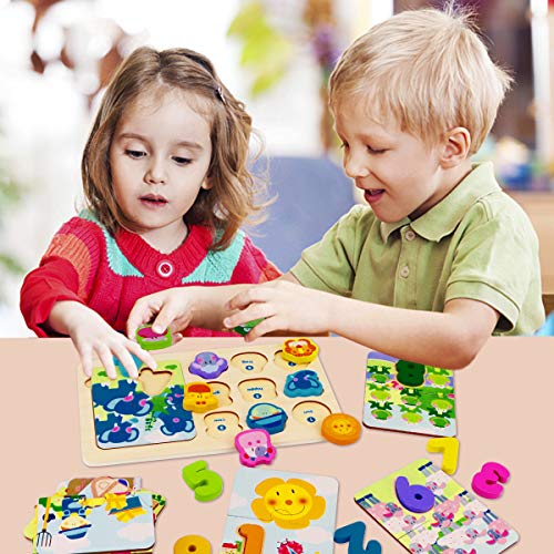 Dreampark Wooden Toys for Kids, Animal Shape Matching Game Number Counting Puzzle Board Educational Montessori Toys for 3 4 5 Years Old, Preschool Learning Color Recognition Blocks for Boys and Girls