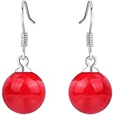 Bellitia Jewelry White/Red/Gold Fresh Water Pearl Drop Earrings, 925 Sterling Silver Pearl Dangle Earrings Graceful Hook Earrings For Women and Girls, 6MM 8MM 10MM