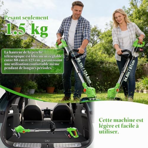 Débroussailleuse à Batterie,3-en-1 Débroussailleuse sans Fil Electrique,Coupe Bordure sans Fil avec Batterie 2x2,0Ah,Taille Bordure Réglable Télescopique Léger pour Jardin Pelouse Extérieur